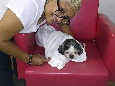 Baldera poses with her dog Virgo in North Andover.