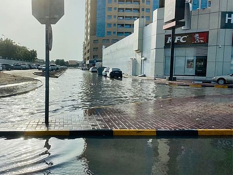 A water-logged street in Ajman following heavy rain in the UAE early on Saturday, October 5, 2019. Heavy rains reported in several parts of the country overnight on Friday until the early hours of Saturday. The National Centre of Meteorology has issued a yellow warning for residents for convective cloud formation, which may bring rain in parts of the country.
