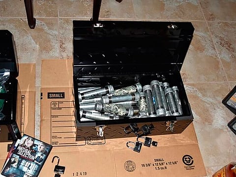A photo provided by the Hillsborough County Sheriff's Office shows pipe bomb making material confiscated at the home of Michelle Kolts in Wimauma, Fla. A Florida woman obsessed with the Columbine High School massacre and the Oklahoma City bombing was arrested after her parents discovered two dozen pipe bombs in her bedroom, the authorities said on Friday