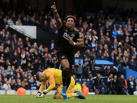 Wolves' Adama Traore celebrates the opening goal against Manchester City.