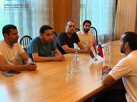 Emirati astronaut, Hazzaa AlMansoori during his meeting with the Chairman of MBRSC, HE Hamad Obaid AlMansoori, the Director General HE Yousuf Hamad AlShaibani, and Salem AlMarri, the head of the UAE Astronaut Programme and Saeed Karmostaji, Astronauts’ Office manager, at the Yuri Gagarin Cosmonaut Training Centre in Star City in Moscow