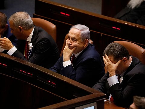 Israeli Prime Minister Benjamin Netanyahu attends the swearing-in of the new Israel's parliament in Occupied Jerusalem, Thursday., Oct. 3, 2019.