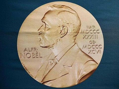 A portrait of Swedish inventor and scholar Alfred Nobel can be seen on a banner on display at the Nobel Forum in Stockholm, Sweden.