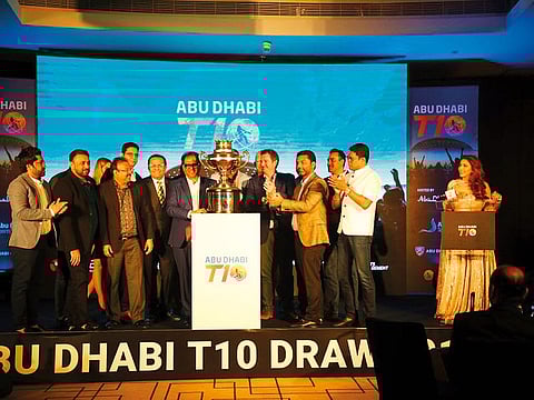 Officials and team owners during the unveiling of trophy for the Abu Dhabi T10 League in Dubai yesterday. The league’s eight teams were divided into two groups.
