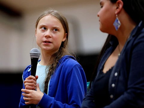 Climate change environmental activist Greta Thunberg joins Red Cloud Indian School student and activist Tokata Iron Eyes at a youth panel in Pine Ridge, South Dakota, United States, on October 6, 2019.
