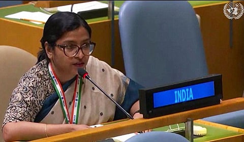 India's First Secretary Vidisha Maitra speaks at the United Nations General Assembly in response to Pakistan Prime Minister Imran Khan's speech at the United Nations, New York, on September 27, 2019.