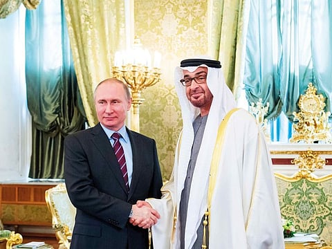 File photo taken on April 20, 2017: His Highness Sheikh Mohamed bin Zayed Al Nahyan Crown Prince of Abu Dhabi Deputy Supreme Commander of the UAE Armed Forces (R), stands for a photograph with HE Vladimir Putin President of Russia (L), at the Kremlin Palace.
