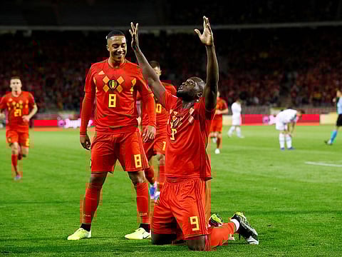 Belgium's Romelu Lukaku celebrates scoring their first goal.