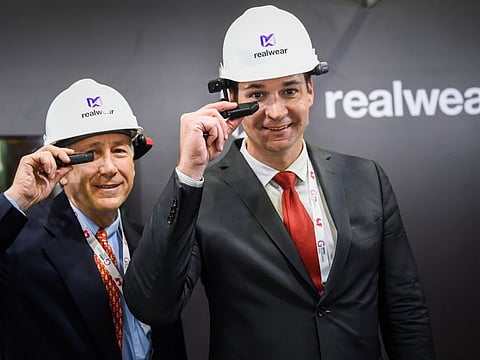 Andy Lowery, CEO, RealWear(right) along with Ken Lustig, VP IP Strategy, RealWear, at RealWear stand at Gitex Technology week at Dubai World Trade Centre, Dubai. 8th October 2019. Photo: Ahmed Ramzan/ Gulf News