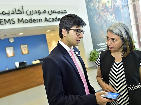 Gems Modern Academy student Aadit Palicha introduces his newly launched car pool app to Gems Modern Academy Principal Nargish Khambatta on 19th September, 2019. Photo Clint Egbert/Gulf News