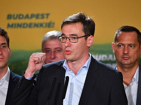 Gergely Karacsony adresses the audience after his victory in the Budapest mayoral election over the current city Mayor Istvan Tarlos.