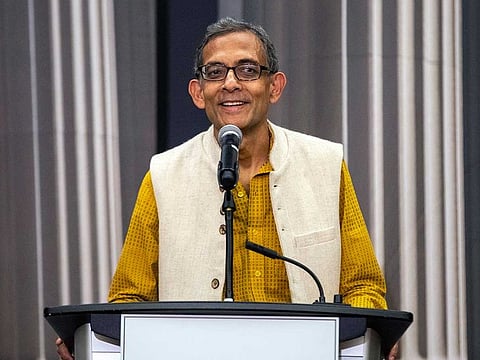 Abhijit Banerjee speaks during a news conference at Massachusetts Institute of Technology.
