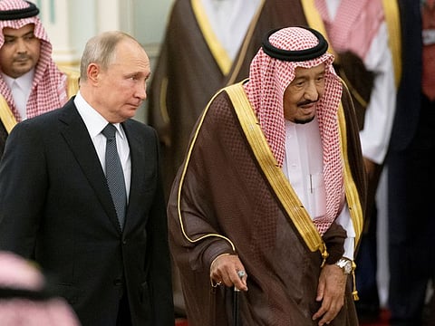 Russian President Vladimir Putin with Saudi King Salman in Riyadh on October 14, 2019.