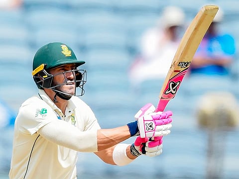 South Africa's Faf du Plessis plays a shot during the third day play of the second Test cricket match between India and South Africa at the Maharashtra Cricket Association Stadium in Pune on October 12, 2019.