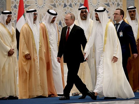 Russian President Vladimir Putin walks with Abu Dhabi’s Crown Prince Mohamed bin Zayed Al-Nahyan during a welcome ceremony at the Presidential Palace in Abu Dhabi, United Arab Emirates October 15, 2019. REUTERS/Christopher Pike