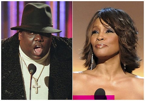 This combination photo shows Notorious B.I.G., who won rap artist and rap single of the year, during the annual Billboard Music Awards in New York on Dec. 6, 1995, left, and singer Whitney Houston at the BET Honors in Washington on Jan. 17, 2009. Houston and the Notorious B.I.G. are among the 16 acts nominated for the Rock and Roll Hall of Fame’s 2020 class. (AP Photo)