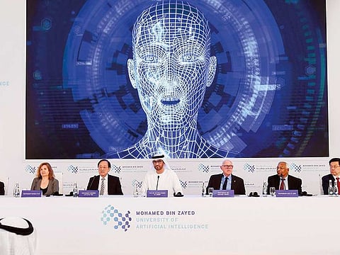 Dr Sultan Ahmad Al Jaber with Professor Sir Michael Brady, Dr Kai Fu Lee, Professor Anil K. Jain, Professor Andrew Chi Chin Yao, Professor Daniela Rus and Peng Xiao addressing media at the launch of the Mohammad Bin Zayed University of Artificial Intelligence in Abu Dhabi.