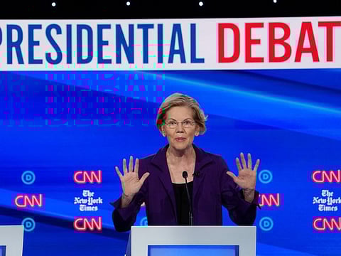 Democratic presidential candidate Senator Elizabeth Warren speaks during the fourth US Democratic presidential candidates 2020 election debate at Otterbein University in Westerville, Ohio, October 15, 2019.