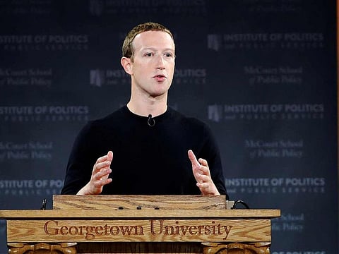 Facebook Chairman and CEO Mark Zuckerberg addresses the audience on "the challenges of protecting free speech while combating hate speech online, fighting misinformation, and political data privacy and security," at a forum hosted by Georgetown University's Institute of Politics and Public Service (GU Politics) and the McCourt School of Public Policy in Washington, U.S., October 17, 2019.