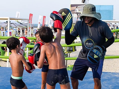 Boxing as part of the Dubai Fitness Challenge 2019 at Kite Beach, Dubai. 18th October 2019. Photo: Ahmed Ramzan/ Gulf News