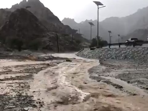 Still from an archive video of a flooded wadi in Fujairah, posted on social media channel of the National Centre for Meteorology. Image used for illustrative purpose only.