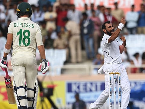 Indian speedster Mohammad Shami exults after trapping South Africa skipper Faf du Plessis leg before on the third day of the final Test in Ranchi on Monday.