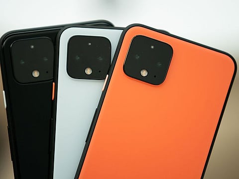 Pixel 4 smartphones are displayed during the Made by Google event in New York.