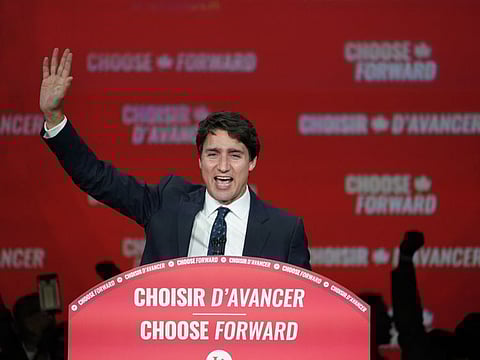 Liberal leader Justin Trudeau speaks to supporters at Liberal election headquarters in Montreal, Tuesday, Oct. 22, 2019. (Paul Chiasson/The Canadian Press via AP)