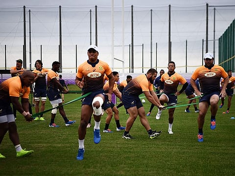 South Africa players train ahead of their match with Wales.