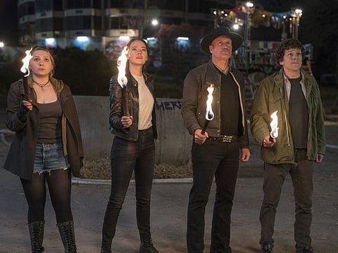 Little Rock (Abigail Breslin), Wichita (Emma Stone), Tallahassee (Woody Harrelson) and Columbus (Jesse Eisenberg) in Columbia Pictures' ZOMBIELAND 2: DOUBLE TAP.