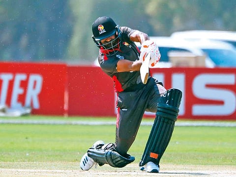 UAE batsman Zawar Farid in action against Nigeria at the Zayed Cricket Stadium.