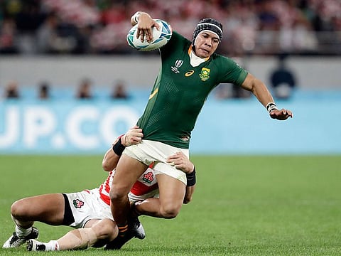 South Africa's Cheslin Kolbe is tackled during the Rugby World Cup in Japan.