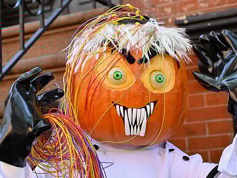 A halloween display is seen in the Boerum Hill neighborhood of Brooklyn, New York on October 21, 2019. / AFP / Angela Weiss