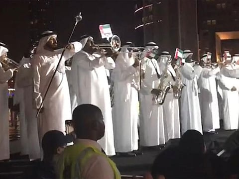 Members of the Dubai Police band perform India's National Anthem during kicks of mega-Diwali celebrations in the UAE. Diwali is India's annual festival of lights.