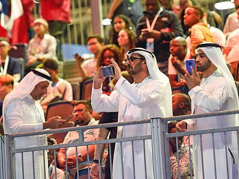 UAE Minister of Education, Hussain bin Ibrahim Al Hammadi watch participants at the first Global Challenge, a robotics and artificial intelligence competition hosted by Dubai Future Foundation at Festival Arena in Dubai on Saturday 26 October 2019. Photo: Virendra Saklani/Gulf News
