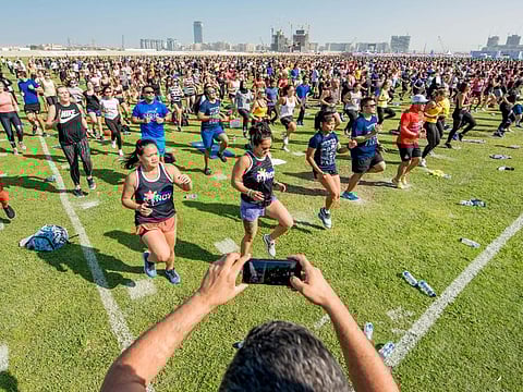 During the Fitness Challenge to attempt a world Guiness Record with Joe Wicks at The SkyDive Dubai. Dubai. Photo: Antonin Kélian Kallouche/Gulf News