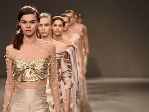 A model walks the runway during the Anaya show at Fashion Forward October 2017 held at the Dubai Design District on October 27, 2017 in Dubai, United Arab Emirates.