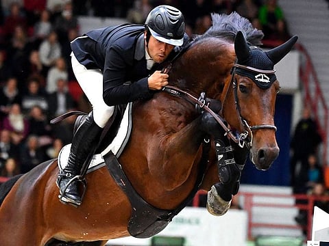 Sergio Alvarez Moya of Spain, with horse Jet Run, takes 2nd place at the Longines FEI Jumping World Cup 165 cm during the Helsinki International Horse Show in Helsinki, Finland.