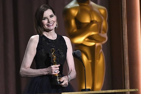 Geena Davis accepts the Jean Hersholt humanitarian award at the Governors Awards on Sunday, Oct. 27, 2019, at the Dolby Ballroom in Los Angeles. (Photo by Chris Pizzello/Invision/AP)