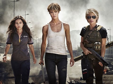 Official First Look at the Women of the New TERMINATOR (from left to right) Natalia Reyes as “Dani Ramos,” Mackenzie Davis as “Grace,” Linda Hamilton as “Sarah Connor”