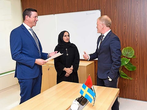 Aysha Ibrahim Ahmed AlReyaysa, Director, Patient Relations, Sheikh Khalifa Medical City Ajman (SKMCA) interacts with Dr Erik Wassberg, CEO, SKMC and Tobias Lineback, CEO, GHP International