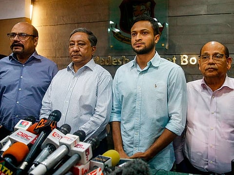 Bangladesh national cricket team captain Shakib Al Hasan (2R) speaks with media as Bangladesh Cricket Board (BCB) president Nazmul Hassan Papon (2L) stands next to him at the Sher-e-Bangla National Stadium in Dhaka on October 29, 2019.