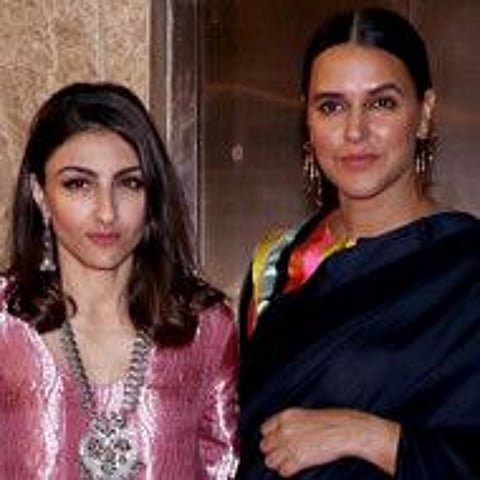 Maharashtra, October 24 (ANI): Bollywood actors Soha Ali Khan and Neha Dhupia at Producer Ramesh Taurani hosted Diwali Party at his residence in Mumbai on Wednesday. (ANI Photo)