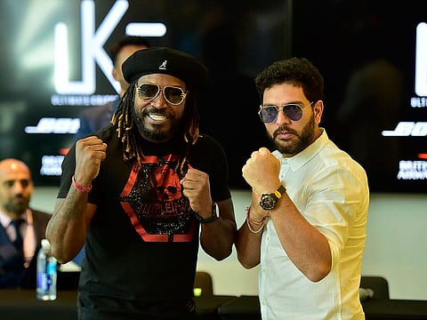 Chris Gayle (left) and Yuvraj Singh at the Ultimate Kricket Challenge press conference.