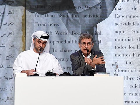 Omar Ghobash in conversation with the prominent Turkish novelist Orhan Pamuk, winner of Nobel Prize for Literature, at Sharjah International Book Fair 2019. 30th October 2019. Photo: Ahmed Ramzan/ Gulf News