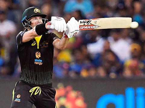 Australia's David Warner hits out against the Sri Lanka bowling during their Twenty20 cricket match played in Melbourne on November 1, 2019.