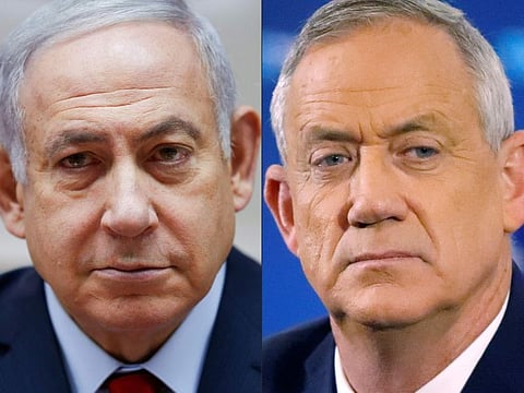 Israeli Prime Minister Benjamin Netanyahu (left) and retired Israeli general Benny Gantz, one of the leaders of the Blue and White (Kahol Lavan) political alliance