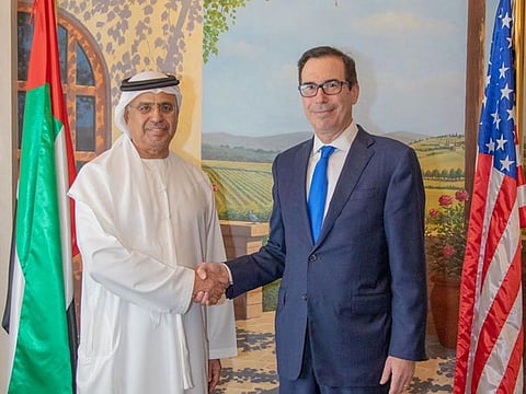 Obaid Humaid Al Tayer, Minister of State for Financial Affairs with Steven Mnuchin, US Treasury Secretary.