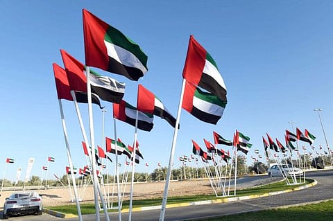 National Flags of the UAE flying around the premises of Zayed Heritage Festival at Al Wathba as part of the UAE National Day celebrations.