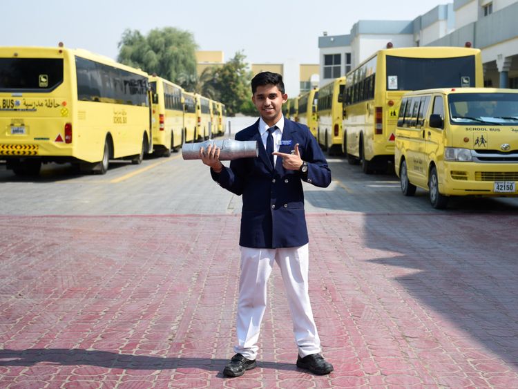 DPS Sharjah student Rishi Bhatnagar has made a device to control and monitor pollution from vehicle exhaust while generating electricity. Photo: Ahmed Ramzan/ Gulf News Reporter: Faisal Masudi/ Gulf News